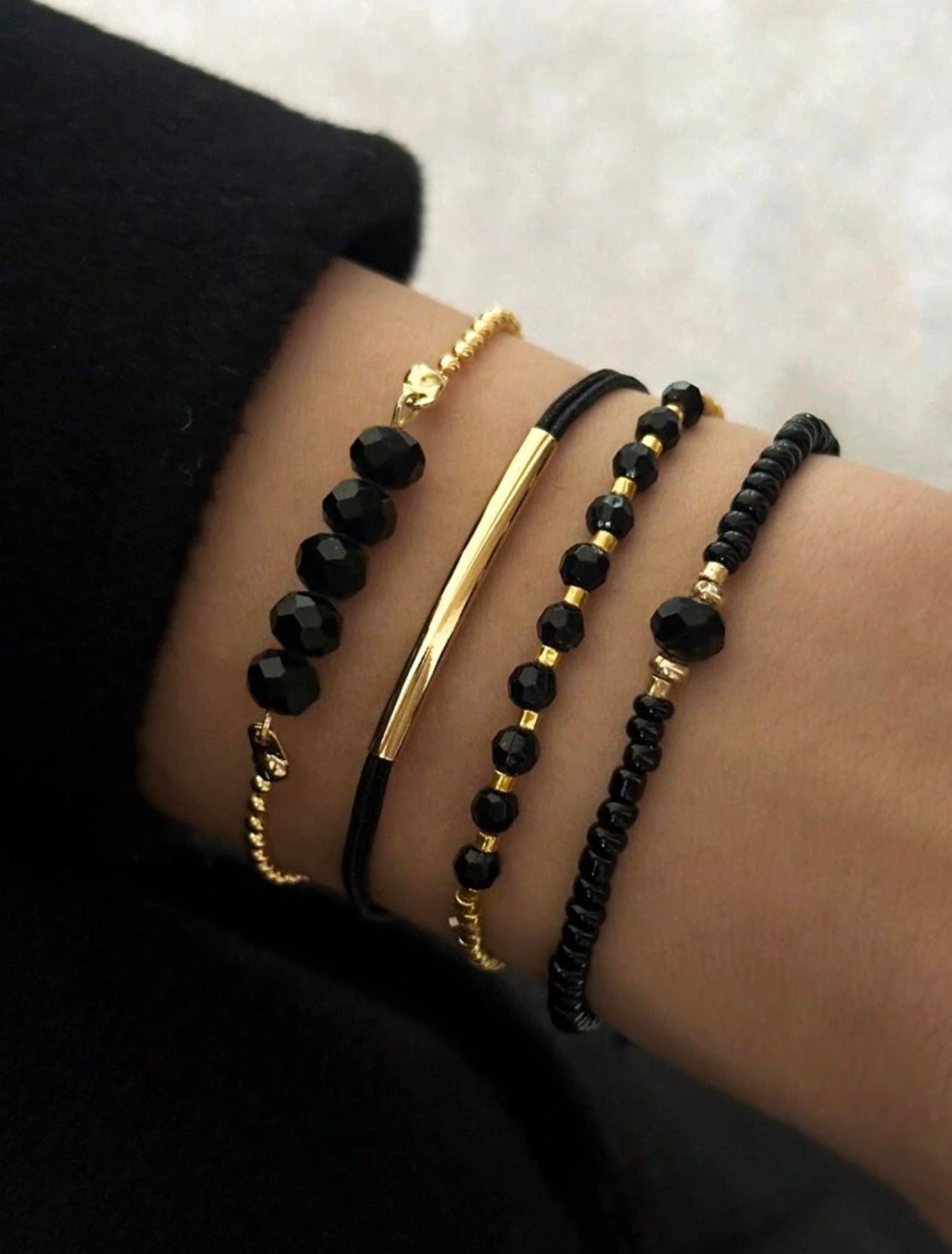 4pc Black & Gold Beaded Bracelet Stack – Handmade Party & Evening Jewellery