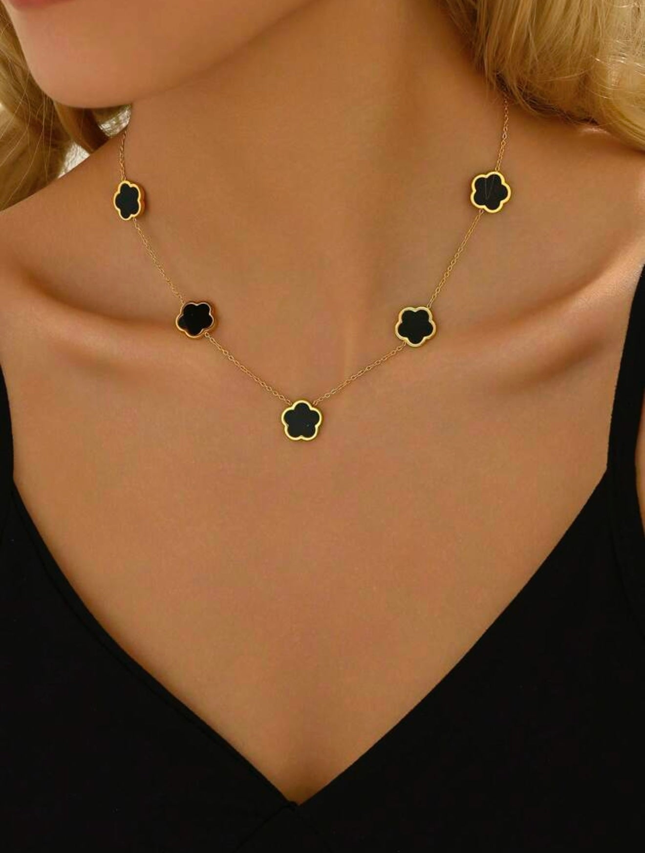 18k Gold-Plated Van Cleef Inspired Clover Necklace – Black – Waterproof, Tarnish-Resistant & Hypoallergenic Matching Bracelet Available!