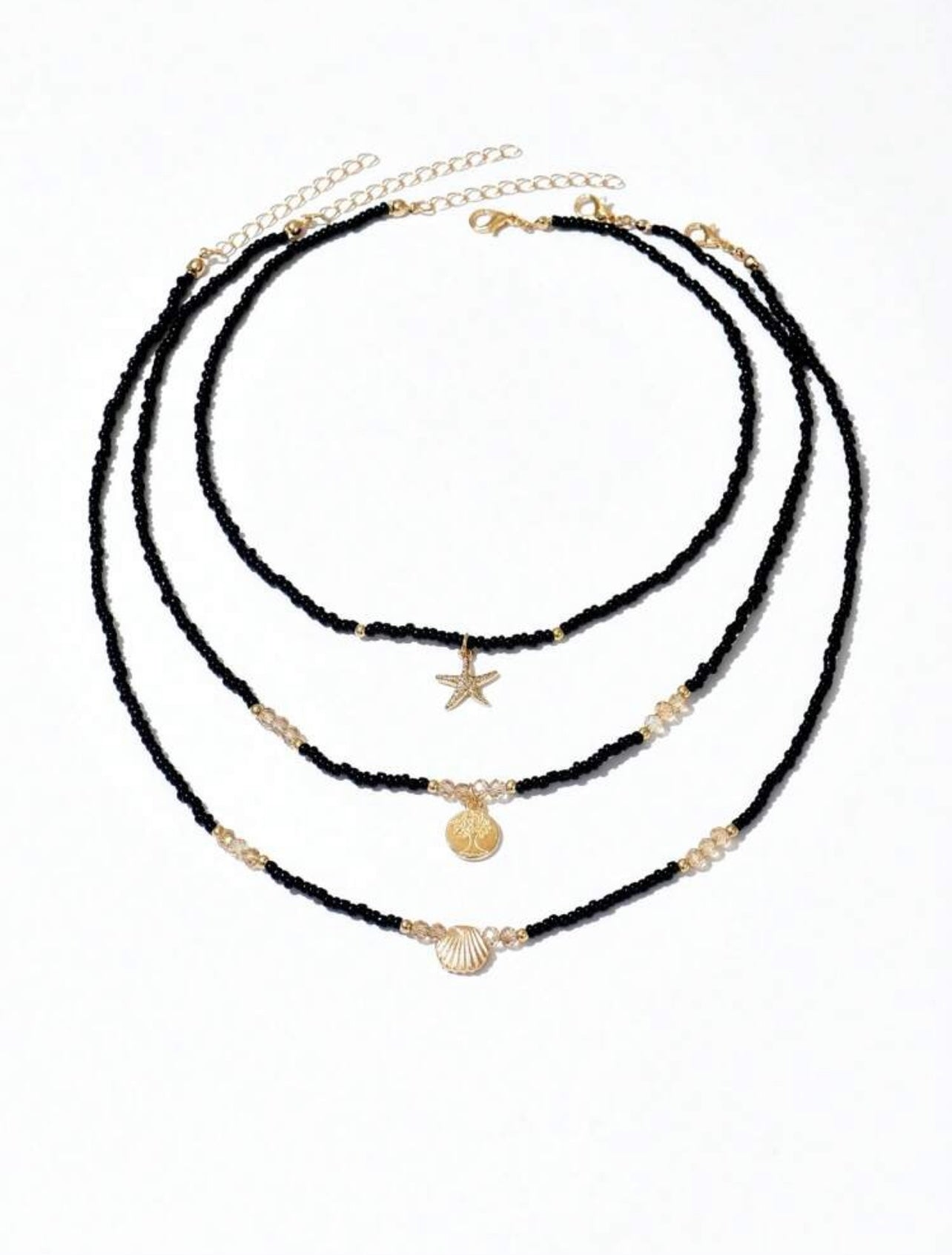 3pc Black & Gold Boho Beach Necklace Set – Starfish & Shell Pendants with Glass Beads