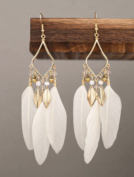 Gold & White Boho Feather Dangle Earrings – Free-Spirited Elegance with a Light, Airy Touch