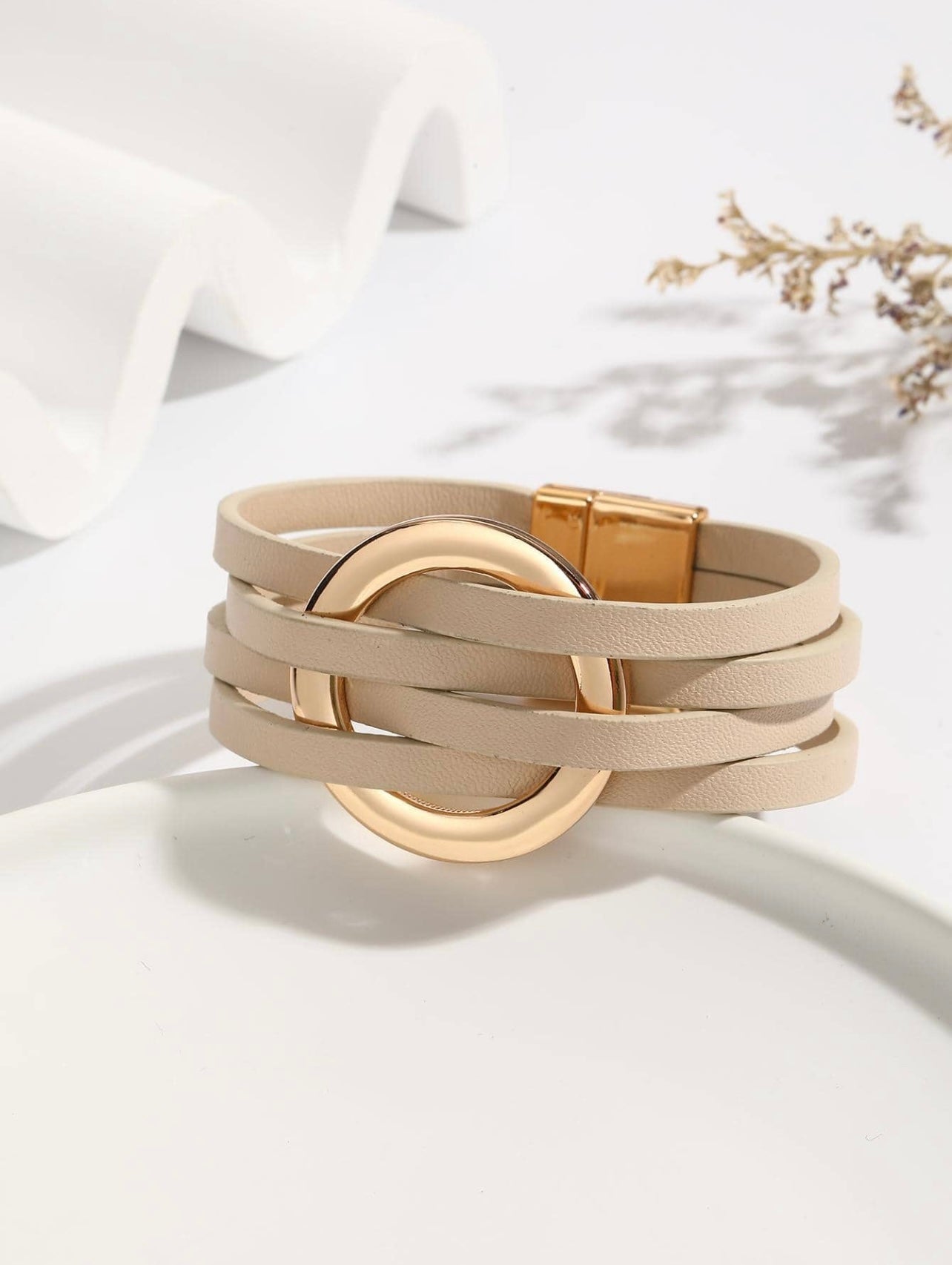 Leatherette Stone & Gold Cuff Bracelet – Modern Texture with Effortless Elegance