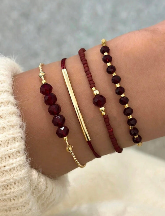 4pc Burgundy & Gold Faux Gemstone Bracelet Stack – Handmade Holiday & Party Jewellery