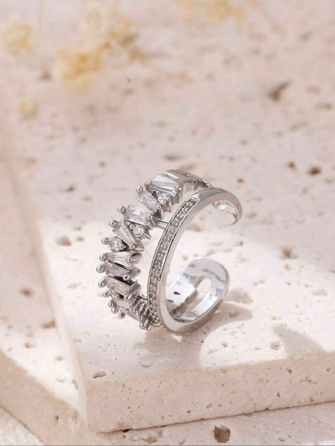 Silver-Tone Double-Layer Zirconia Open Ring – High-End Asymmetrical Sparkle