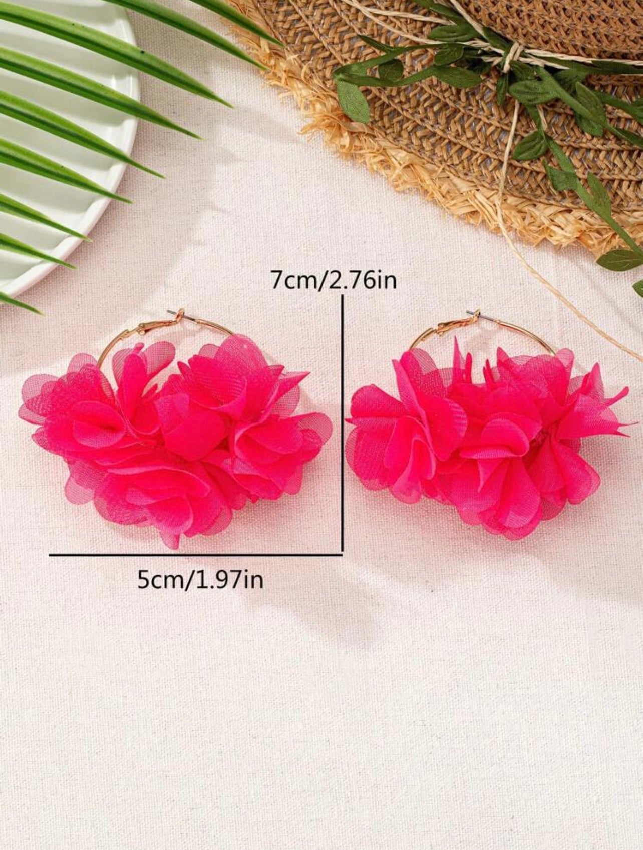 Gold Hoop Earrings with Neon Pink Floral Organza – Bold Statement Set (5 x 7 cm)