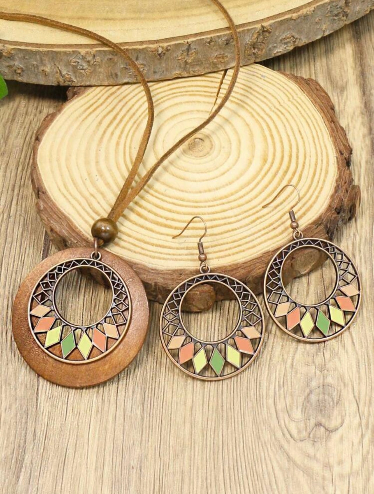 3pc Antique Copper Boho Necklace & Earrings Set – Wooden Rhombus Pendant Jewellery for Daily Wear & Events
