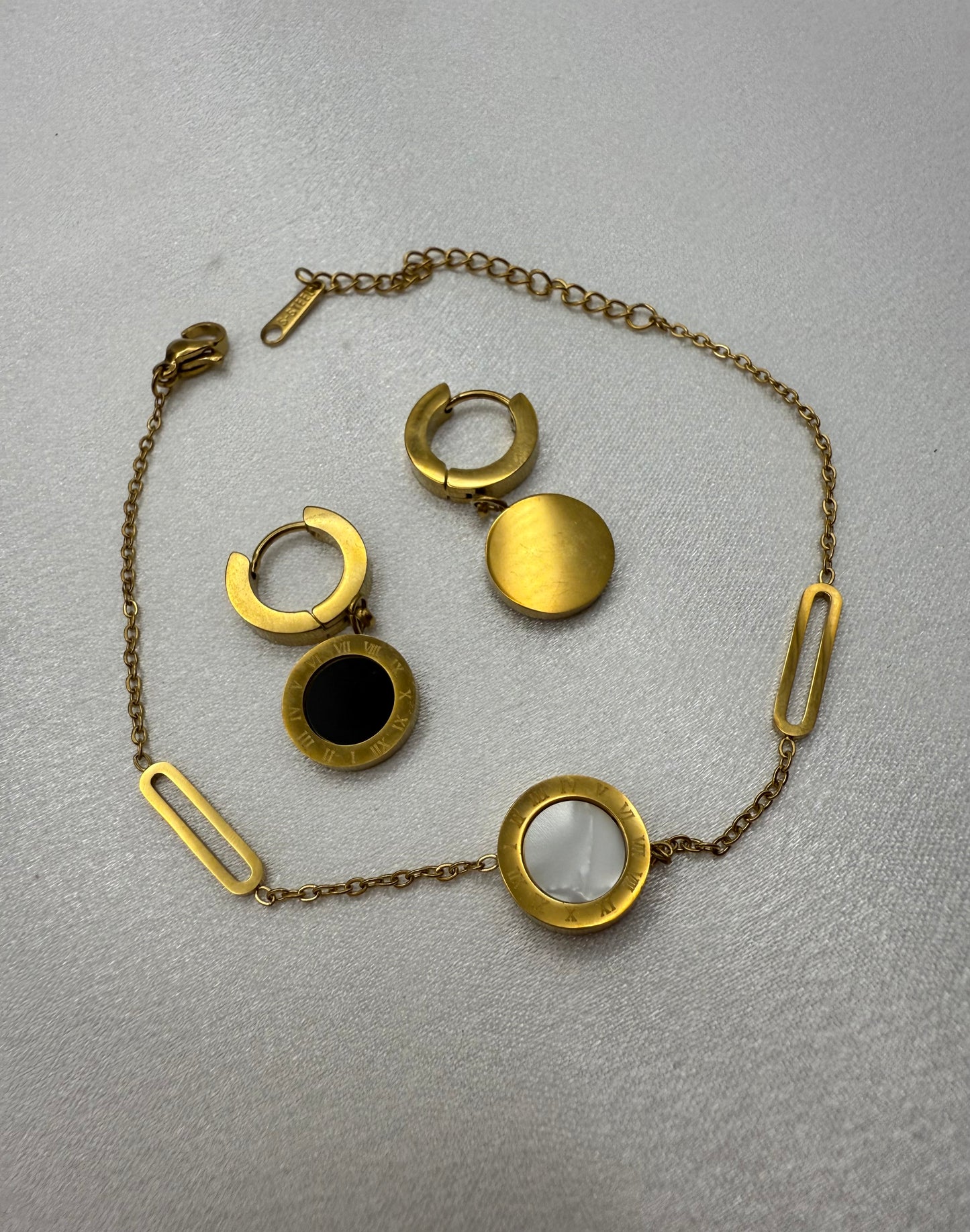 18K Gold-Plated Inspired Roman Numeral Necklace, Bracelet & Earrings Set – Tarnish-Resistant