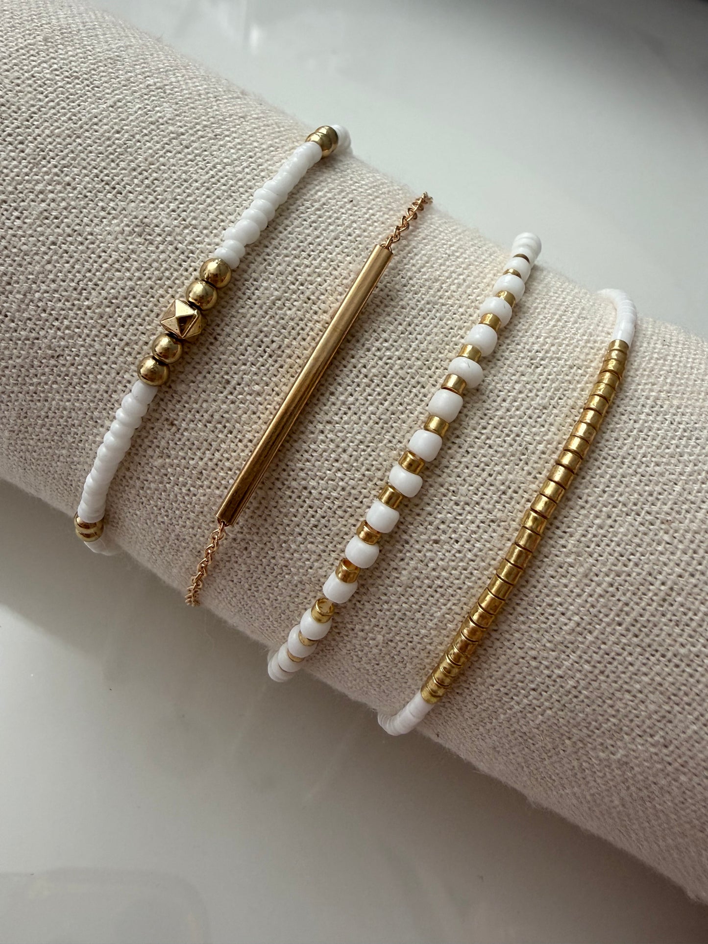 4pc White & Gold Gem Bracelet Stack – Handmade Holiday & Party Jewellery