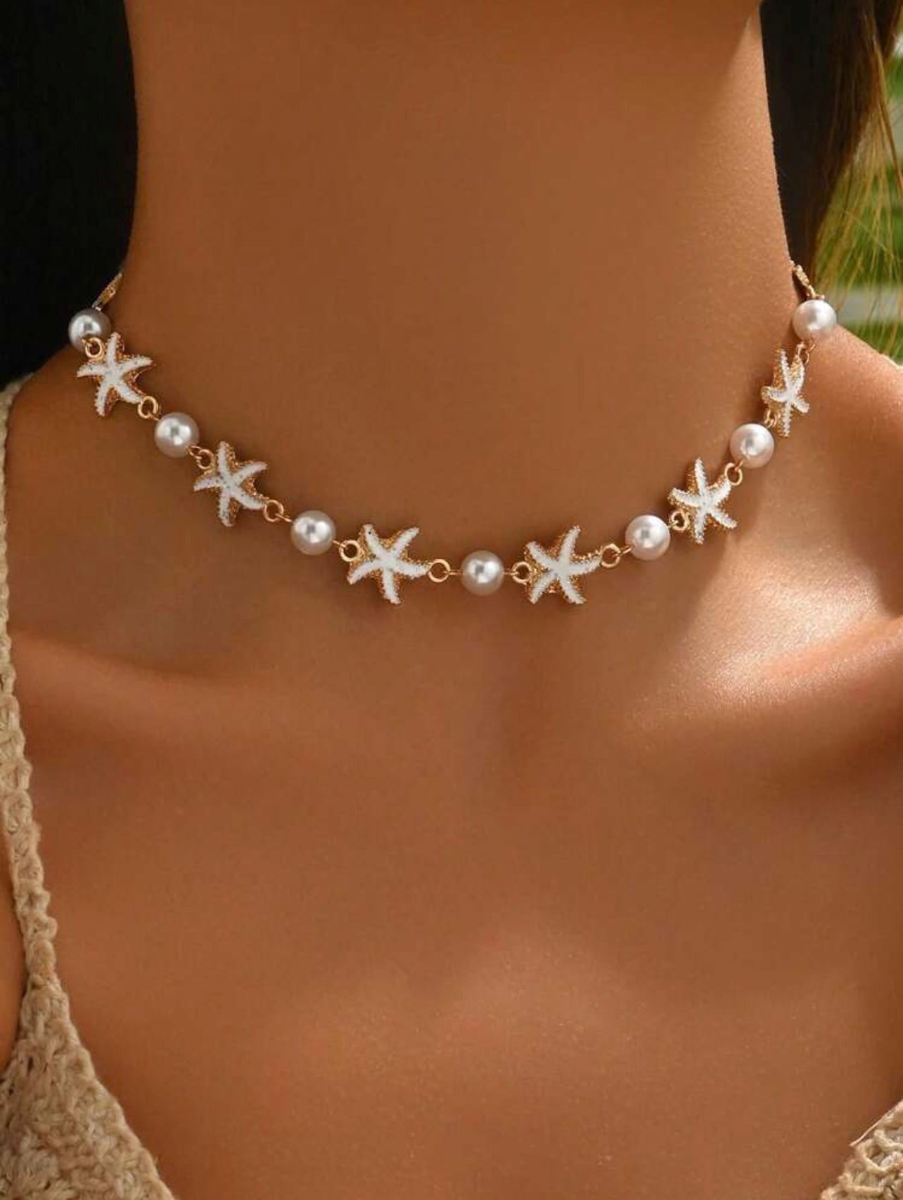 Gold Starfish & Faux Pearl Necklace – Coastal Elegance | Tarnish Resistant