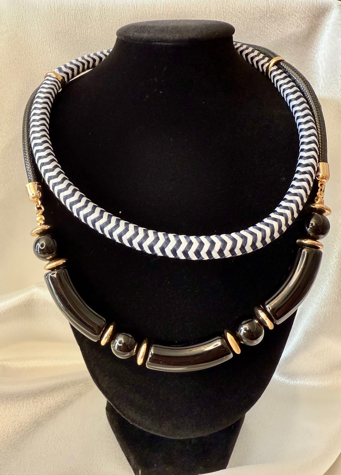 2pc Nautical Black Cord Necklace & Bracelet Set – Exaggerated Choker Style with Gold Accents