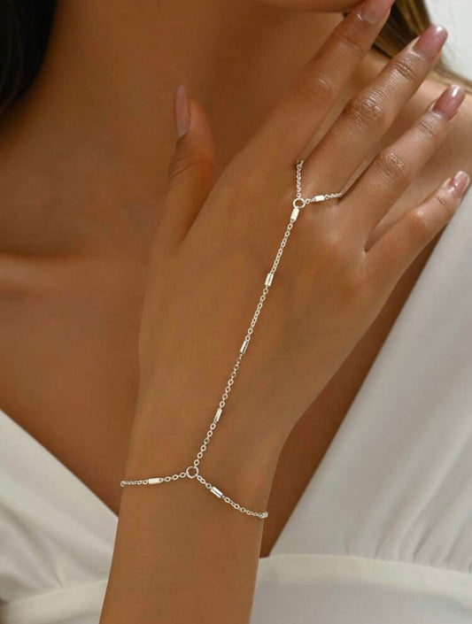 Silver Beaded Hand Chain – Minimalist Ring-to-Bracelet Jewellery for Daily Wear