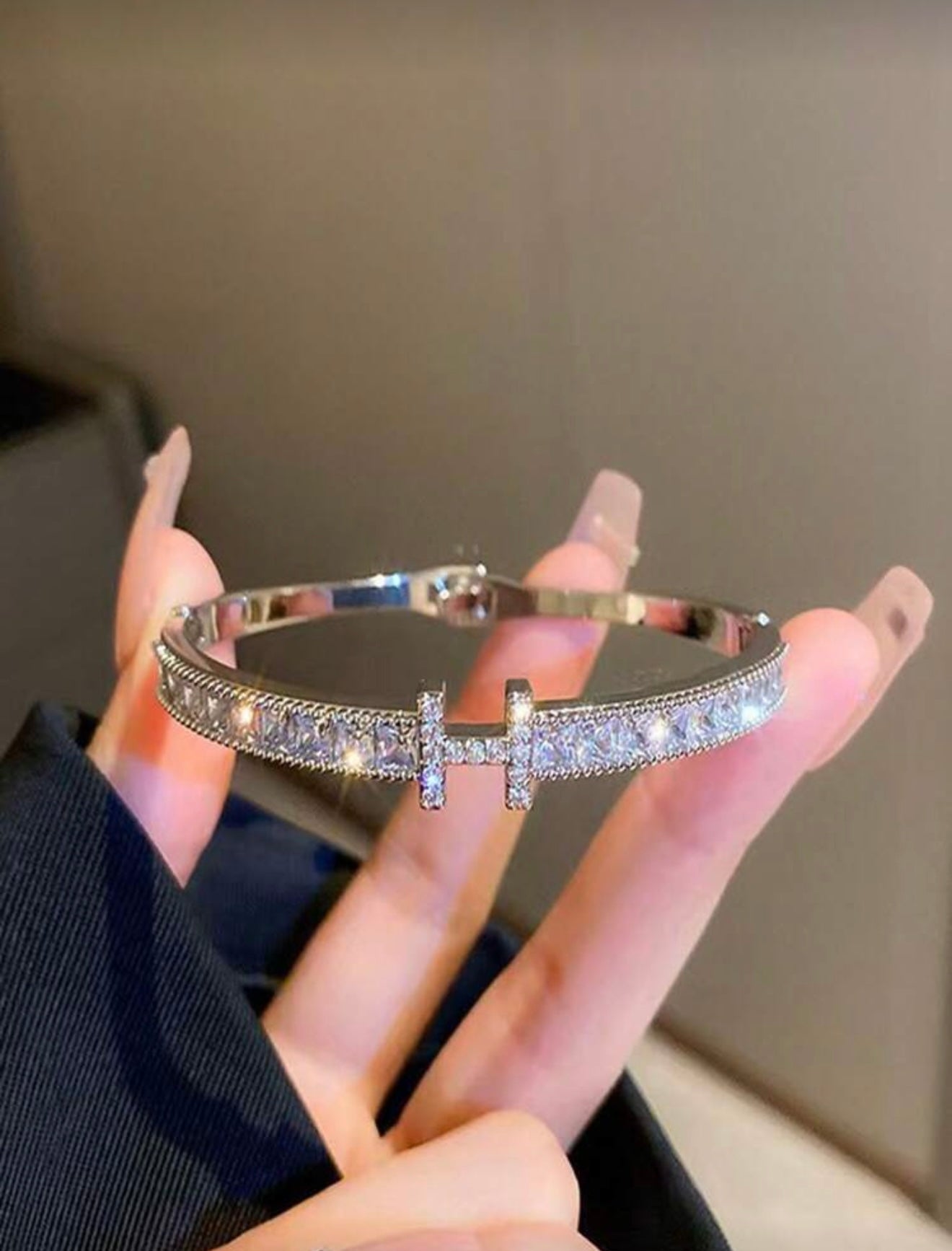 Sparkling Stainless Steel Cubic Zirconia Bracelet Set – Elegant, H Bracelet Inspired by Hermes - Silver