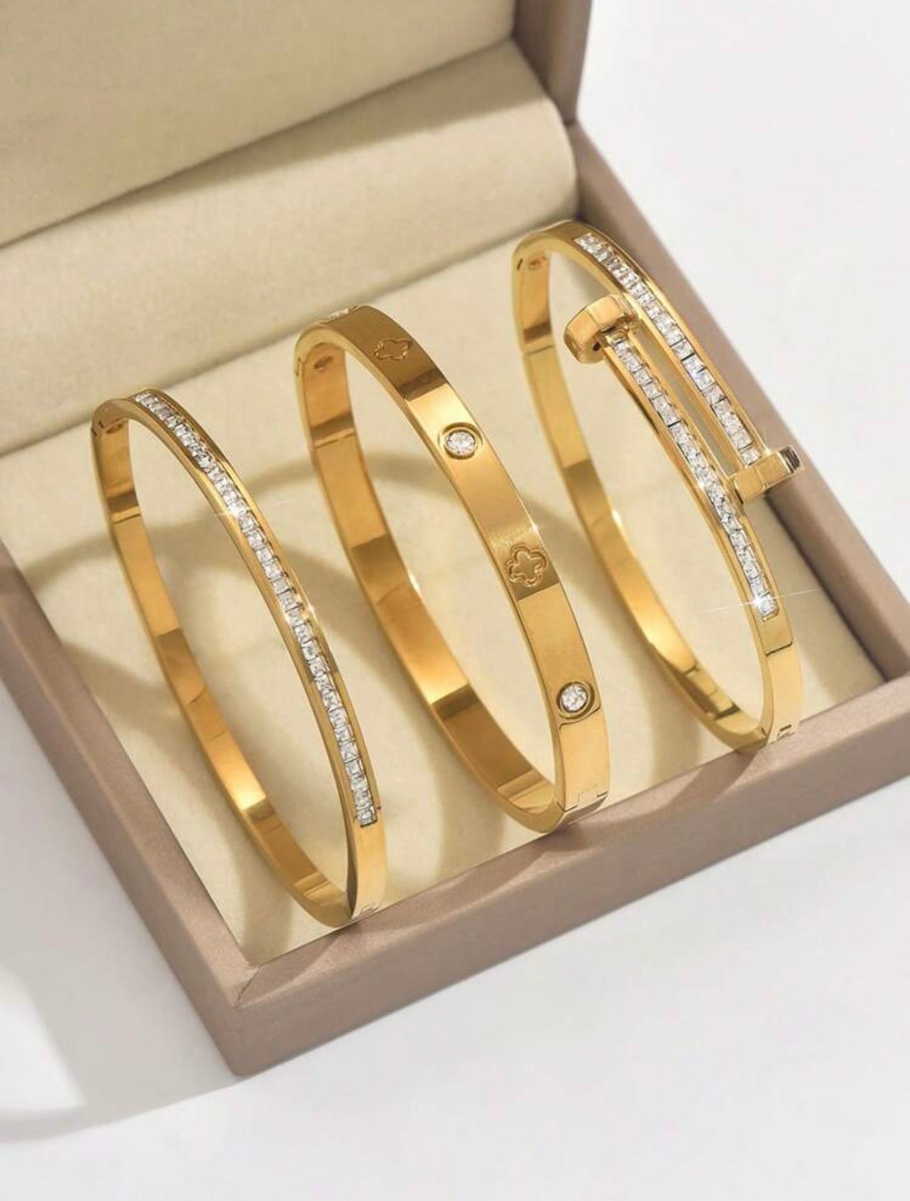 18K Gold Plated Cubic Zirconia Bangle Set – Cartier Inspired Timeless Style