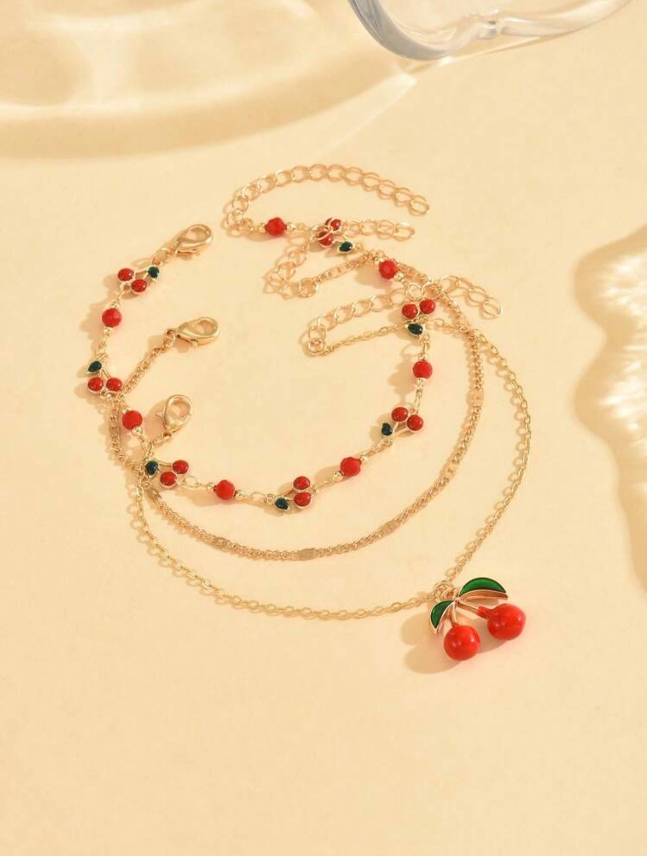 3pc Cherry Pendant Anklet Set – Handcrafted Summer Foot Jewellery