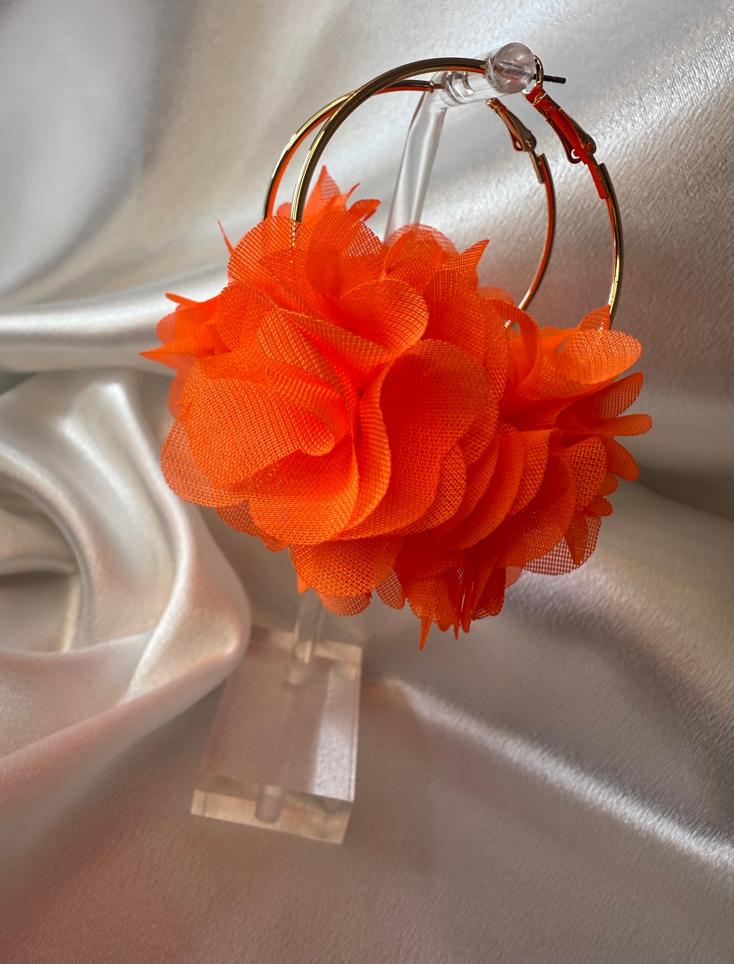 Gold Hoop Earrings with Neon Orange Floral Organza – Bold Statement Set (5 x 7 cm)