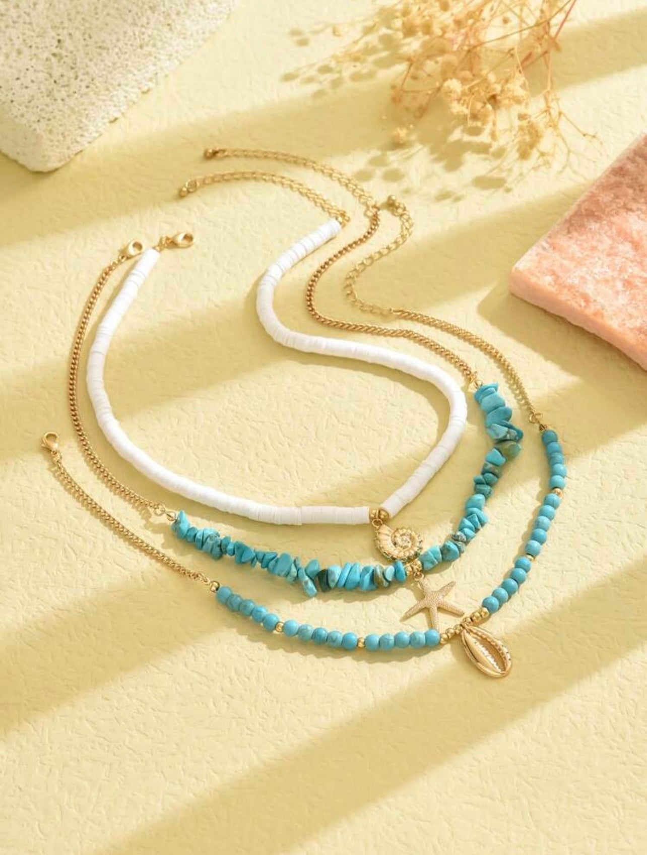 3pc Turquoise Ocean Necklace Set – Ceramic Beads with Metallic Shell, Conch & Starfish Pendants