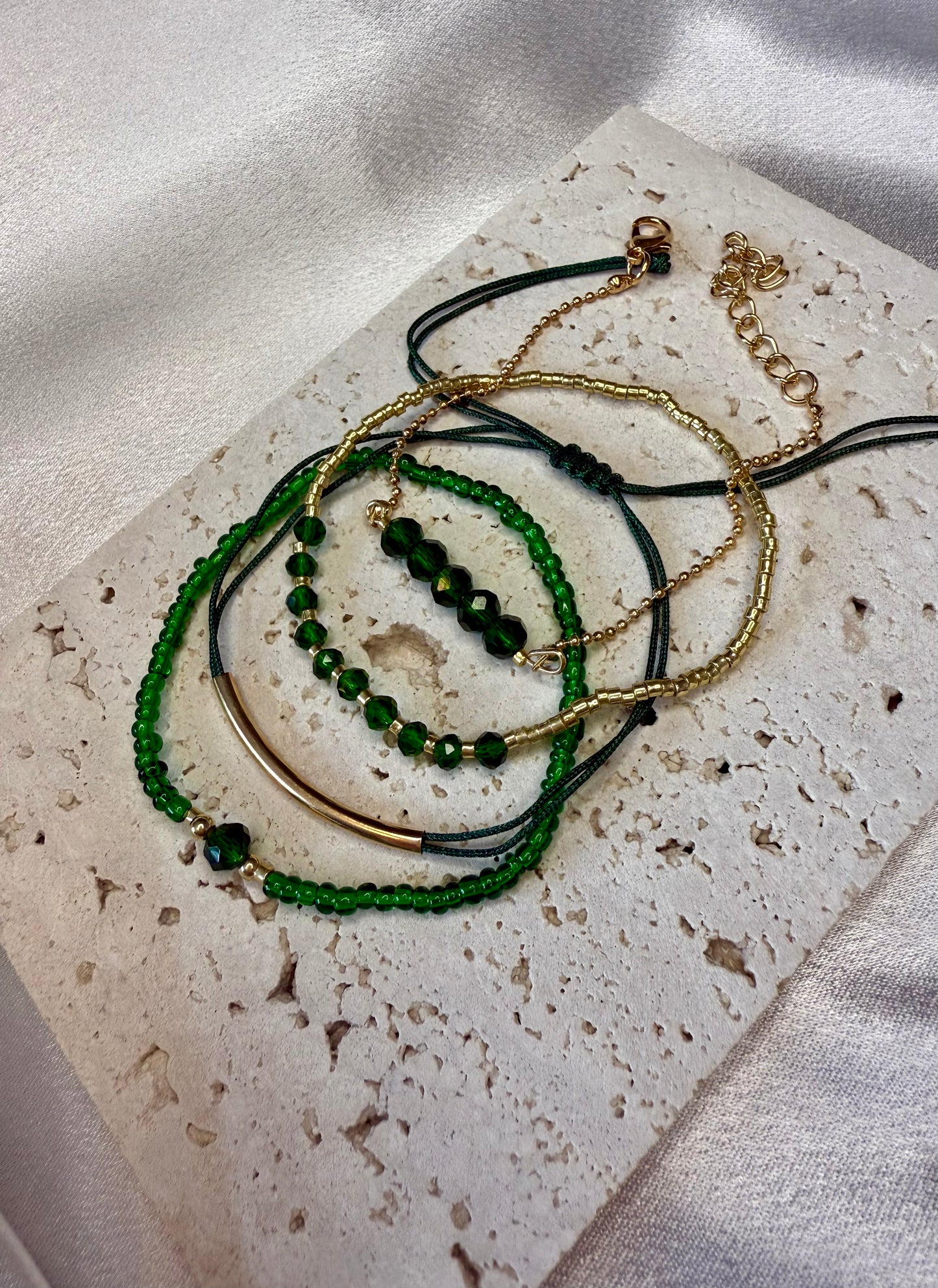 4pc Green & Gold Beaded Bracelet Stack – Handmade Party & Evening Jewellery