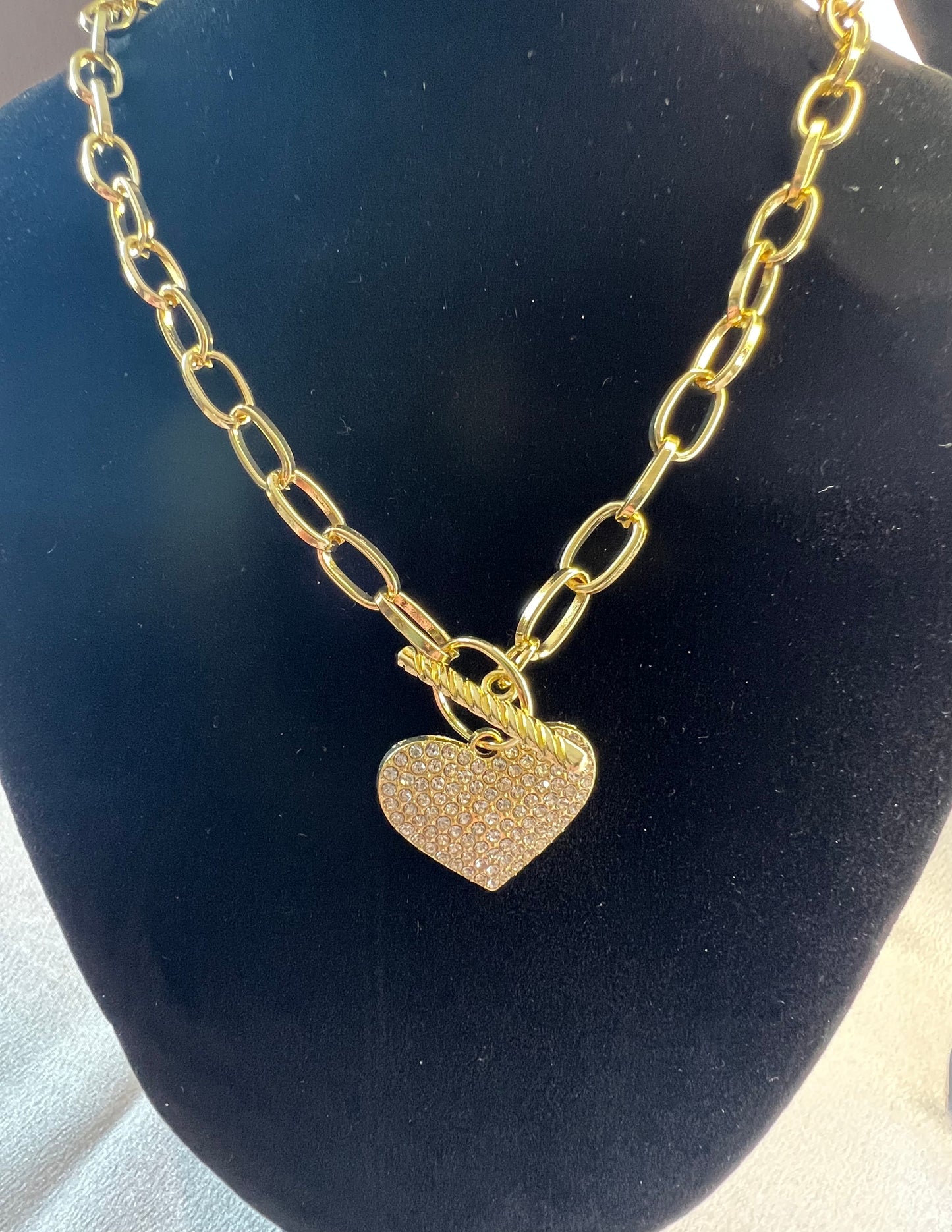 Tarnish-Resistant Rhinestone Gold Heart Charm Necklace – Paperclip Chain with T-Bar Clasp