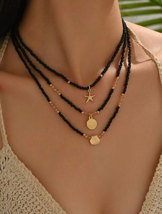 3pc Black & Gold Boho Beach Necklace Set – Starfish & Shell Pendants with Glass Beads