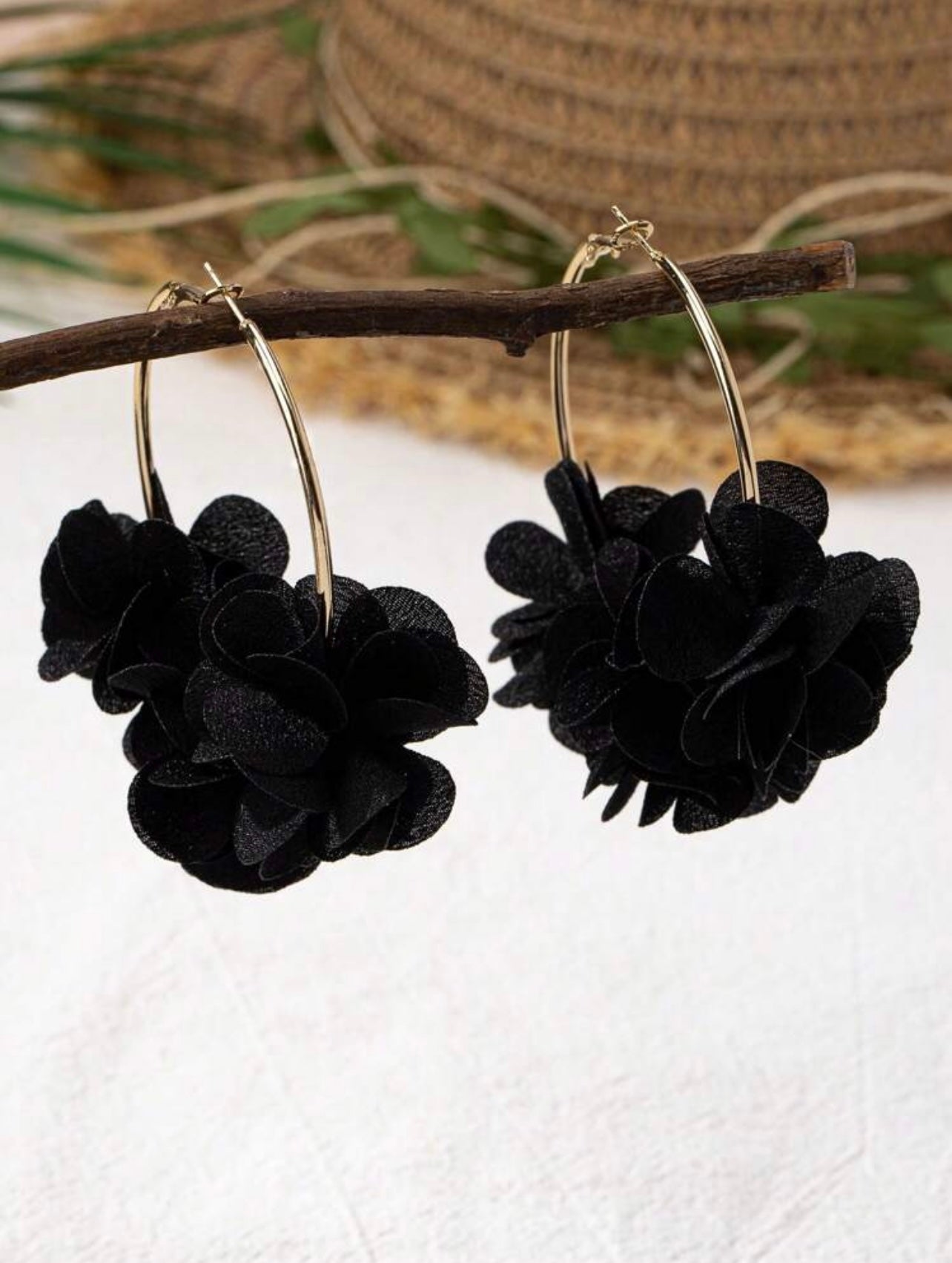 Gold & Black Flower Hoop Earrings – Bold Florals with Luxe Contrast