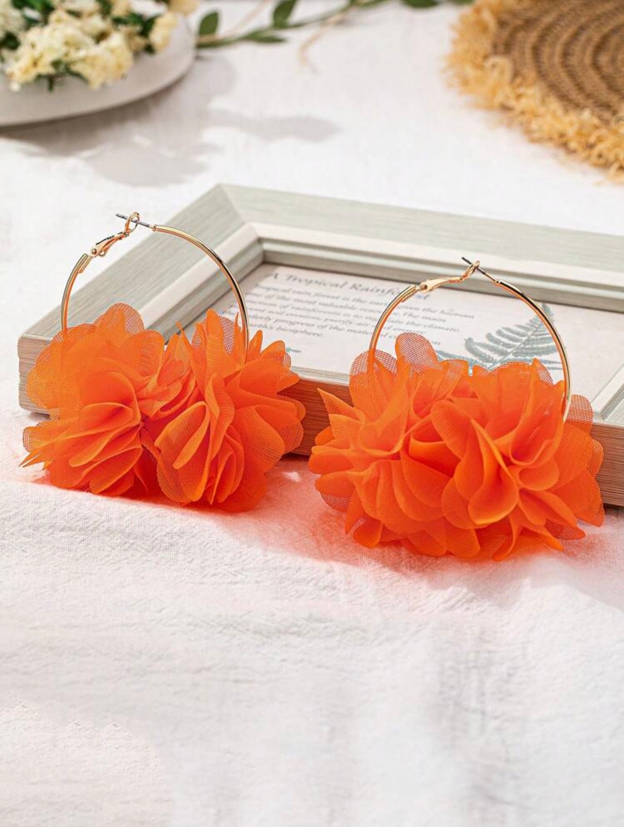 Gold Hoop Earrings with Neon Orange Floral Organza – Bold Statement Set (5 x 7 cm)