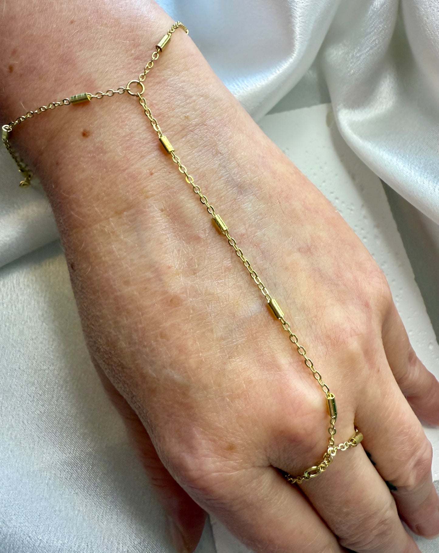 Gold Beaded Hand Chain – Minimalist Ring-to-Bracelet Jewellery for Daily Wear