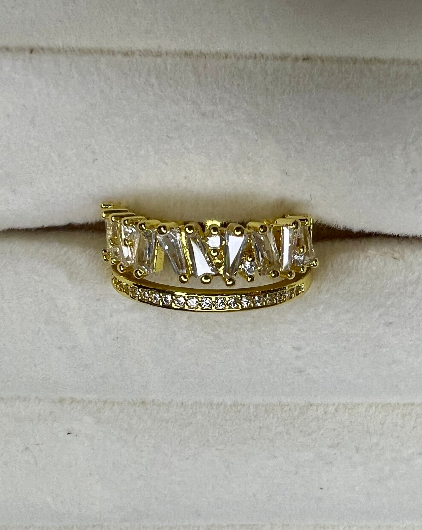 Gold-Tone Double-Layer Zirconia Open Ring – High-End Asymmetrical Sparkle