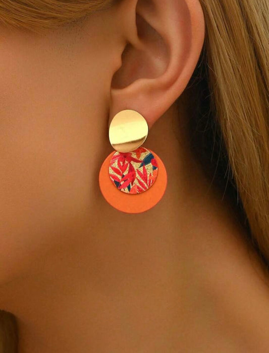 Boho Orange & Gold Round Earrings – Vintage-Inspired Colour Block Statement Pair