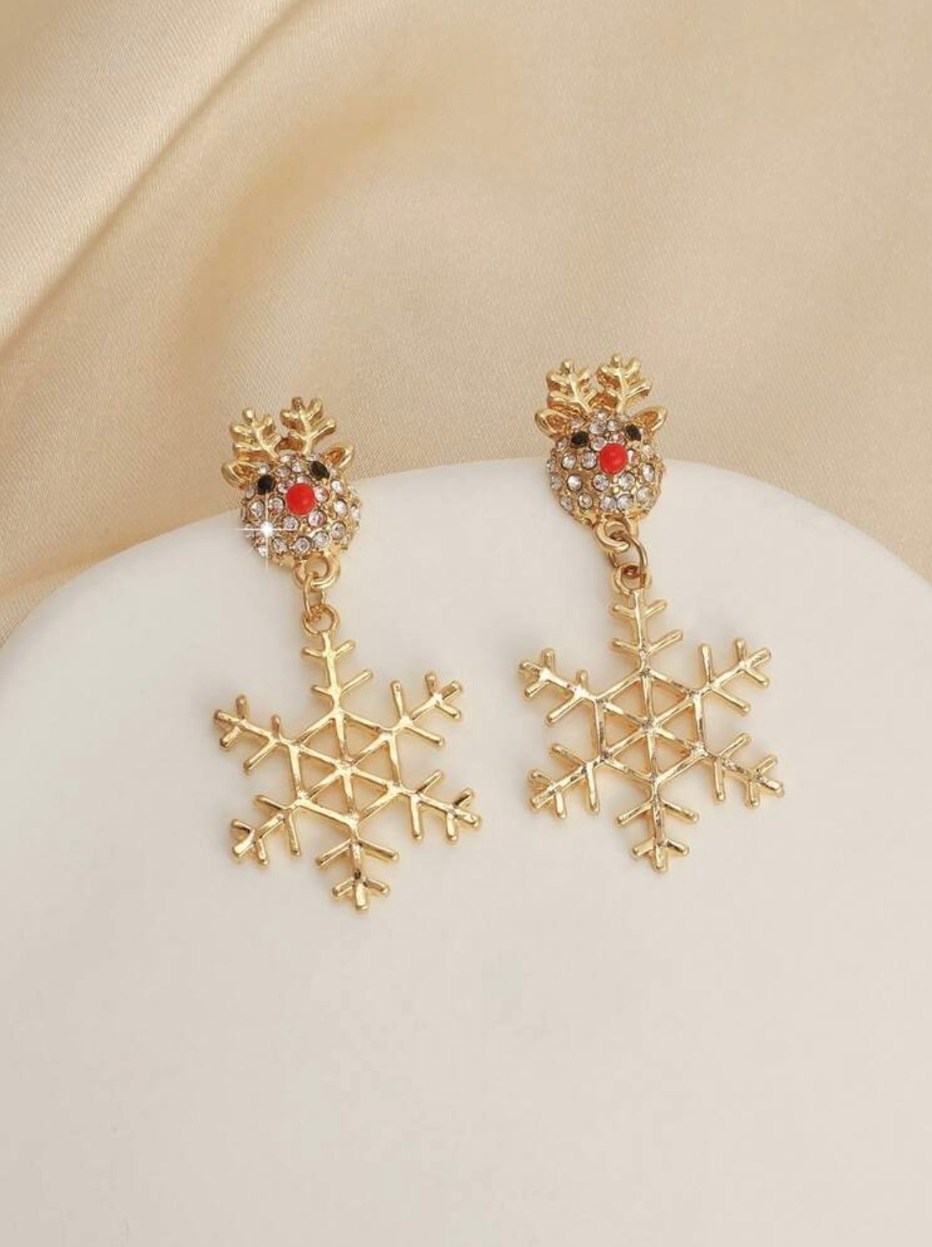 Elegant Crystal Rhinestone Reindeer & Snowflake Dangle Earrings – Festive Sparkle for Christmas
