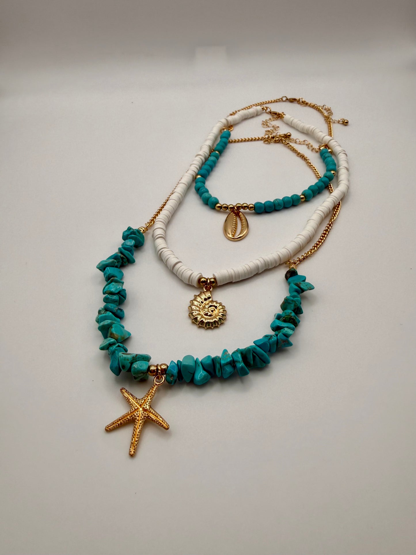 3pc Turquoise Ocean Necklace Set – Ceramic Beads with Metallic Shell, Conch & Starfish Pendants