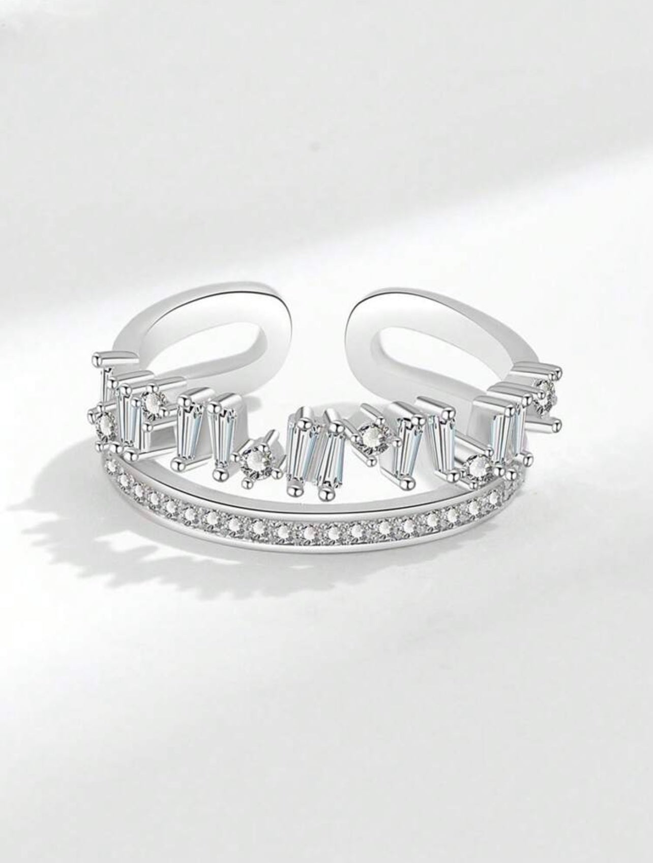 Silver-Tone Double-Layer Zirconia Open Ring – High-End Asymmetrical Sparkle