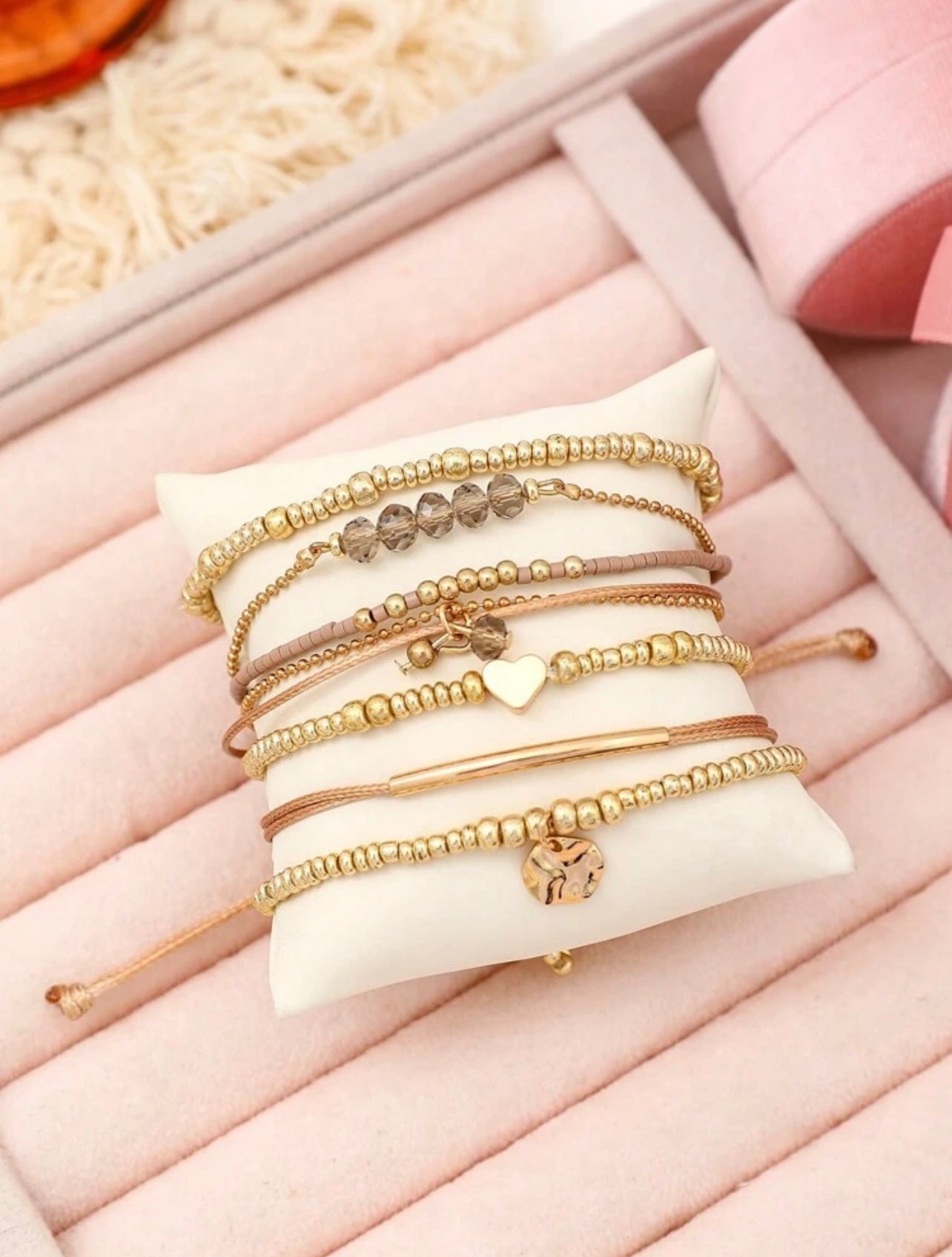 7pc Gold & Khaki Bohemian Heart Woven Beaded Bracelet Set – Adjustable Elastic Stack