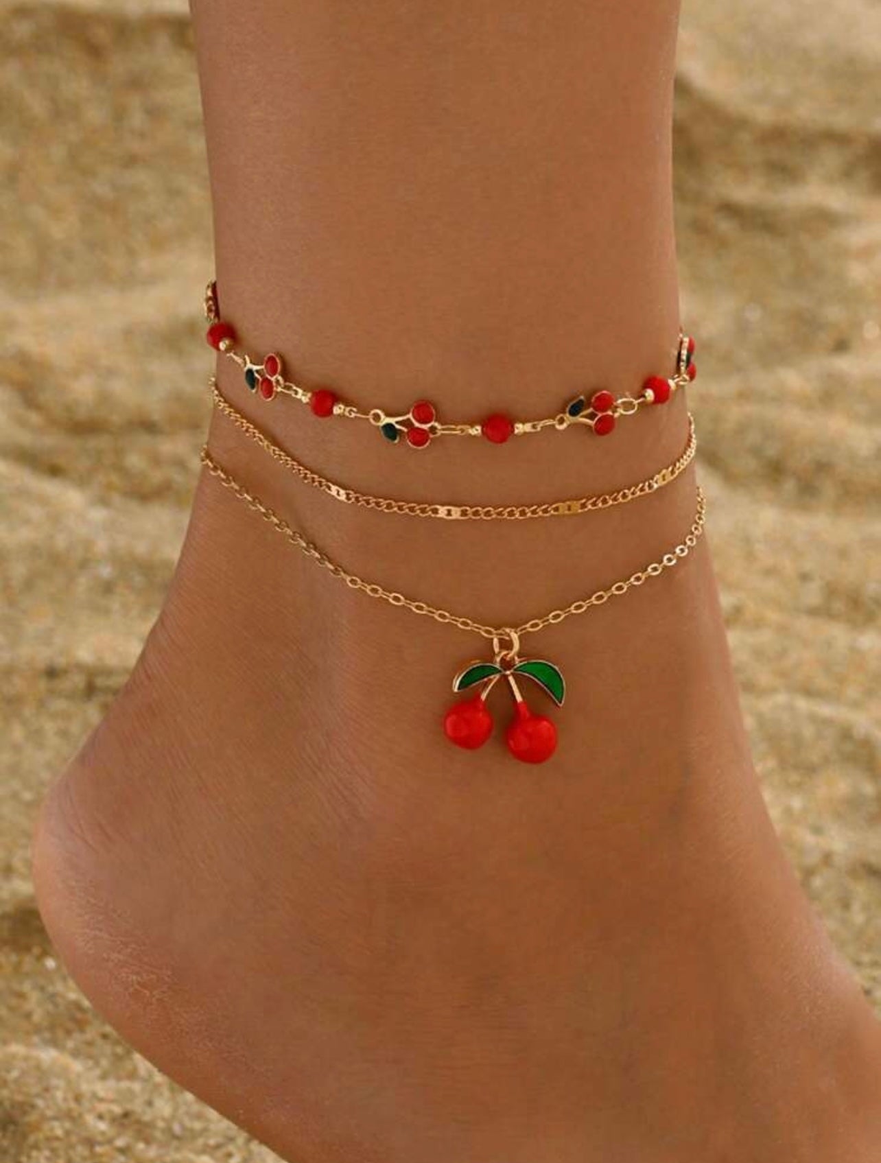 3pc Cherry Pendant Anklet Set – Handcrafted Summer Foot Jewellery