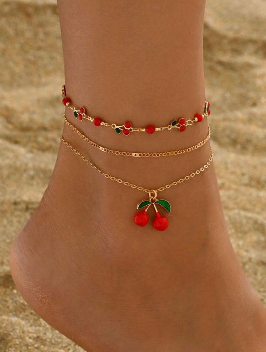 3pc Cherry Pendant Anklet Set – Handcrafted Summer Foot Jewellery