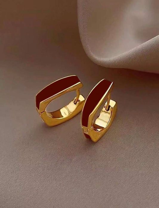 Gold & Burgundy Enamel Square Hoop Earrings – Lightweight Modern Glamour