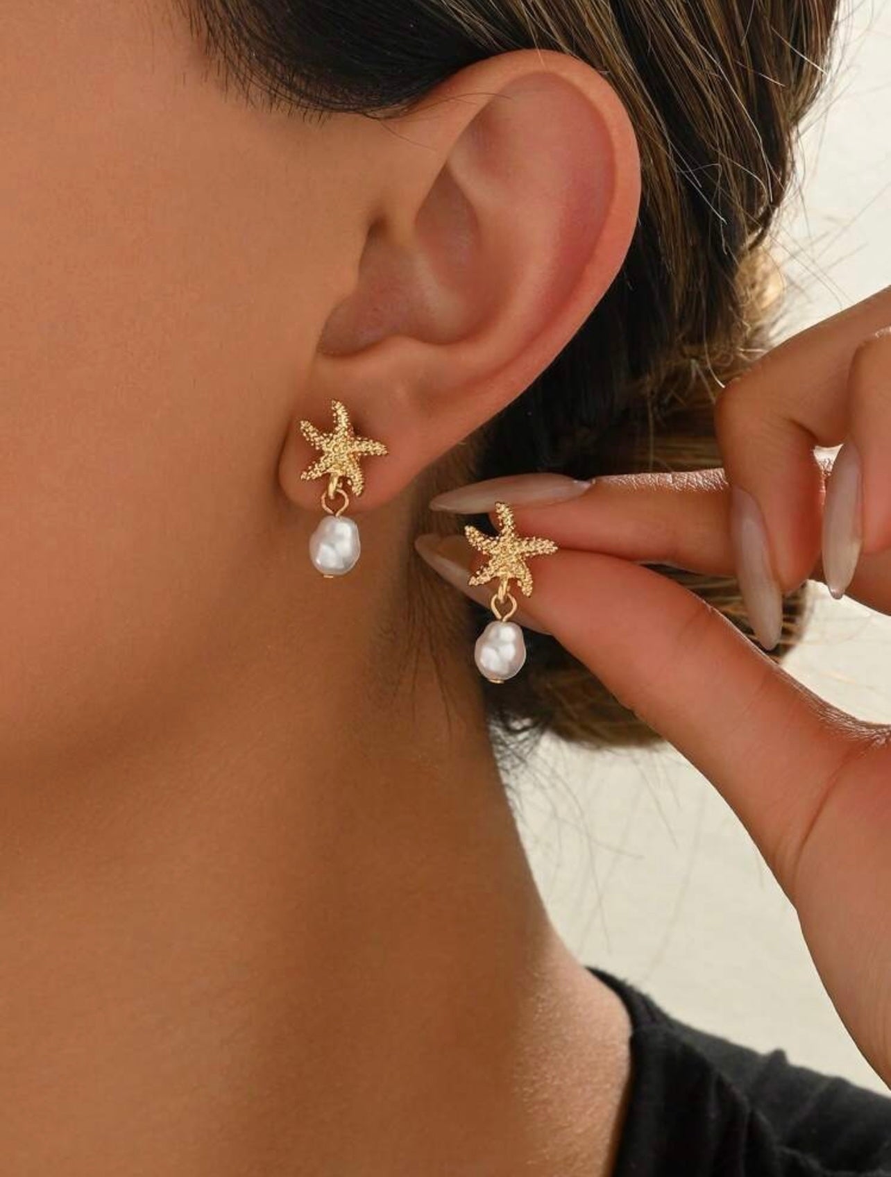 Minimalist Gold Starfish & Faux Pearl Drop Earrings