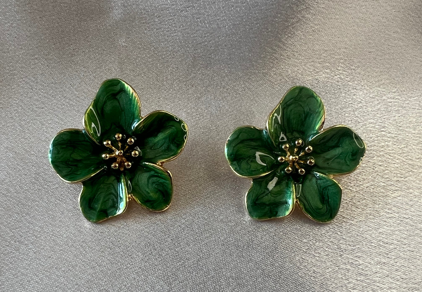 Sweet Gold and Green Enamel Flower Stud Earrings