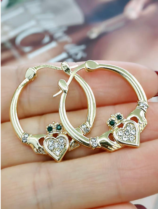 Gold Emerald & Diamanté Creole Earrings – Classic Glamour with a Rich Pop of Colour