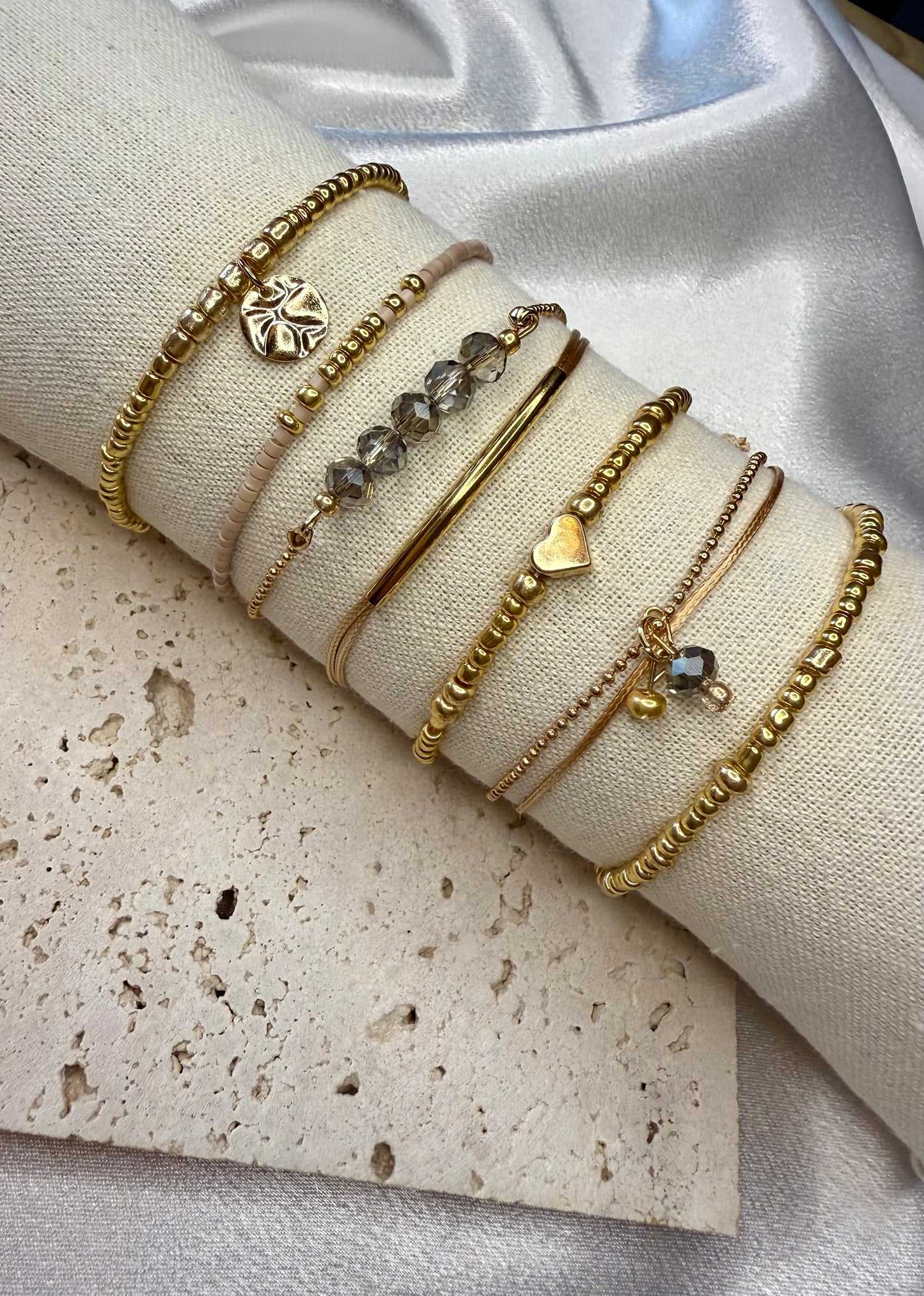 7pc Gold & Khaki Bohemian Heart Woven Beaded Bracelet Set – Adjustable Elastic Stack