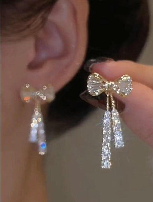 Gold Bow Diamanté Drop Earrings – Elegant Sparkle with Feminine Flair