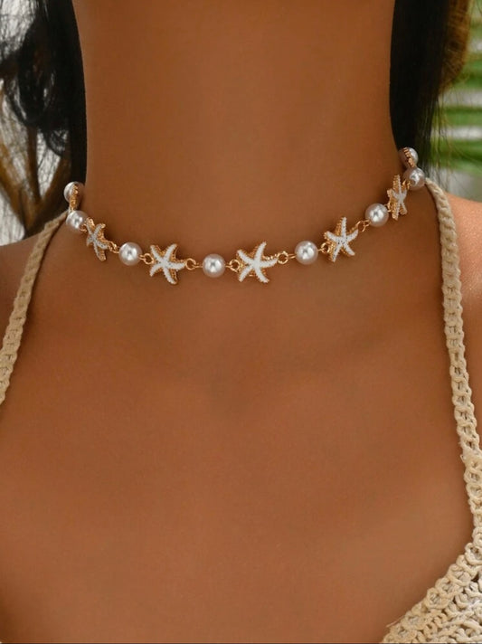 Gold Starfish & Faux Pearl Necklace – Coastal Elegance | Tarnish Resistant