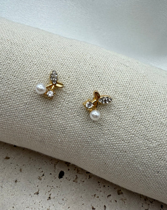 Rhinestone & Faux Pearl Cherry Design Stud Earrings – Elegant, Radiant & Timeless