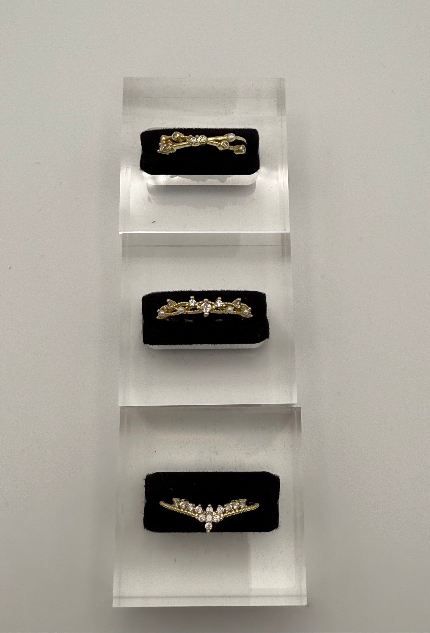 3pc Gold Faux Pearl & Rhinestone Cuff Ring Set – Stackable Elegant Style