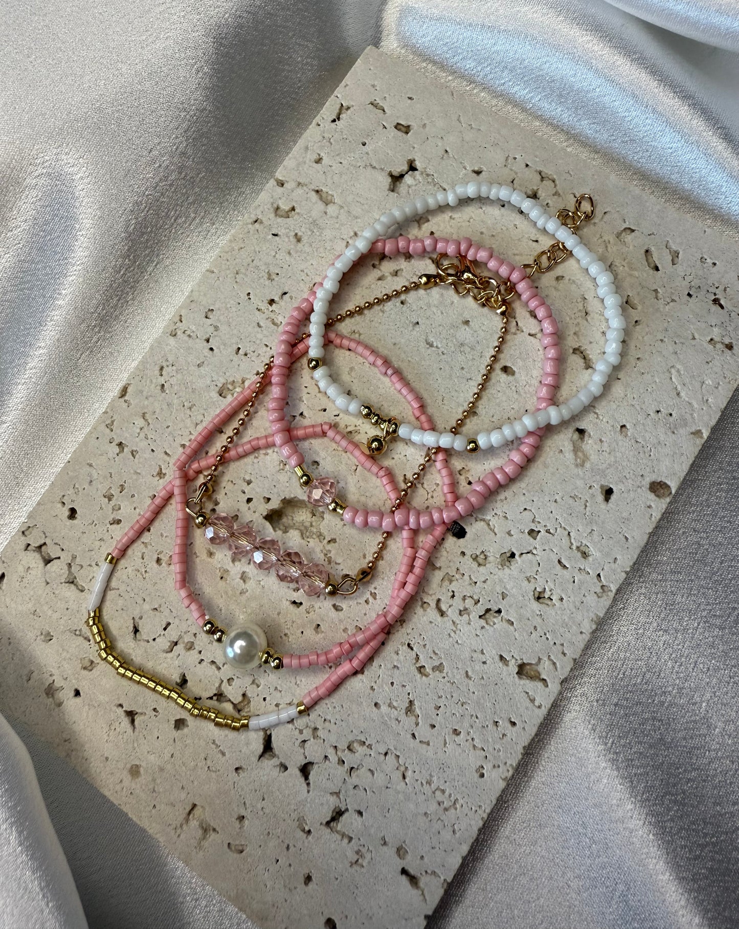 5pc Pink & White Faux Pearl Bracelet Stack – Handmade Holiday & Party Jewellery