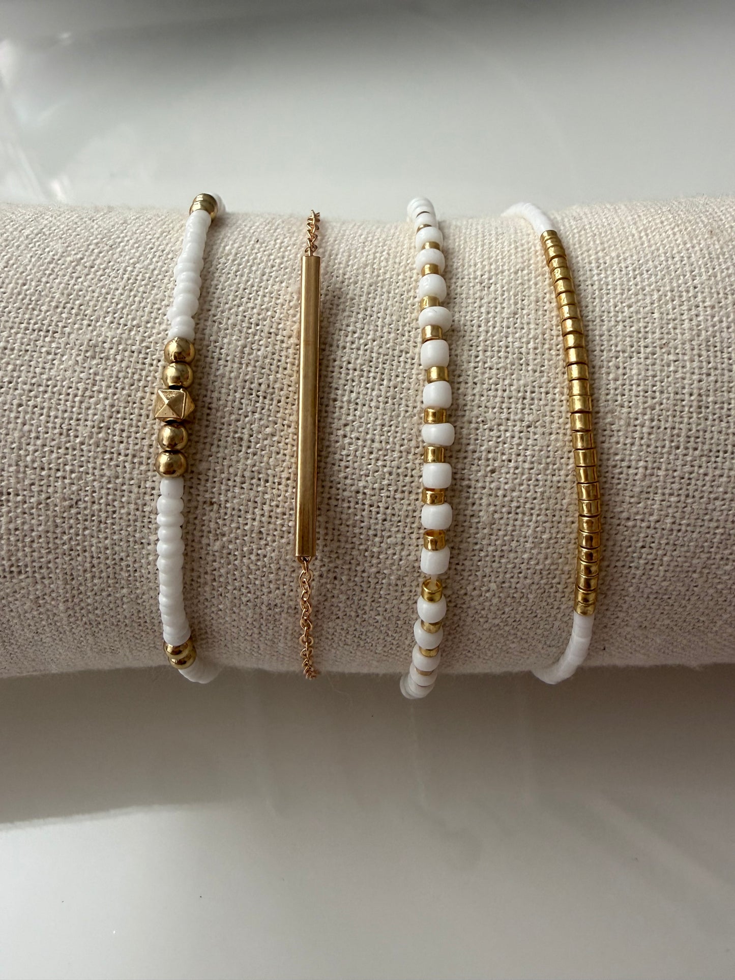 4pc White & Gold Gem Bracelet Stack – Handmade Holiday & Party Jewellery