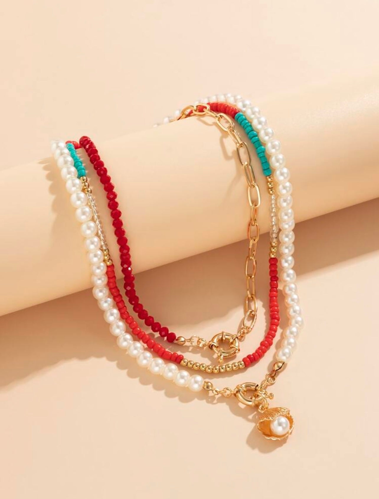 3pc Nautical Shell Necklace Set – Faux Pearls, Red & Blue Beads, and Gold Charm Accents