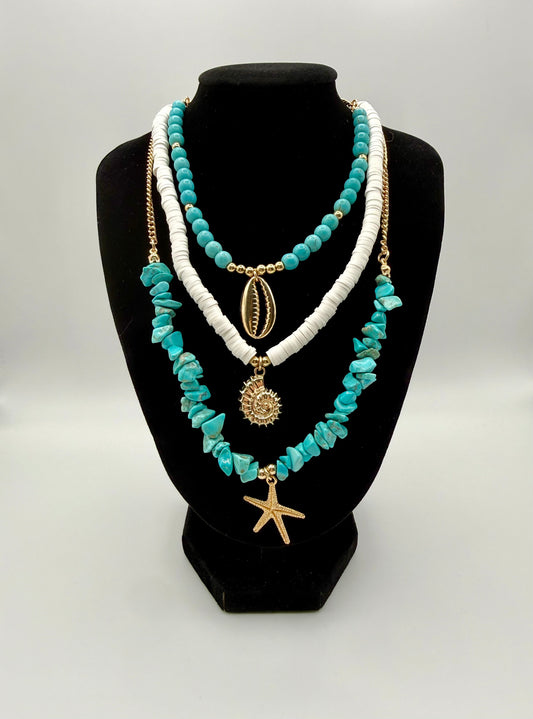 3pc Turquoise Ocean Necklace Set – Ceramic Beads with Metallic Shell, Conch & Starfish Pendants