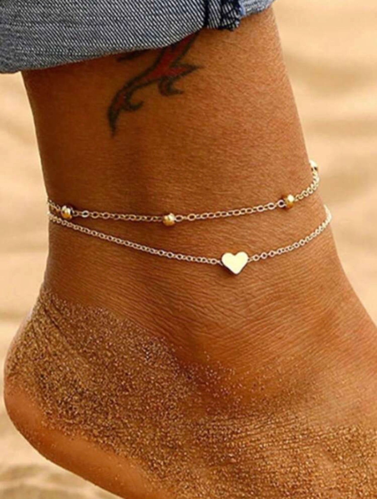 Gold Double-Layer Heart Anklet – Adjustable Love Foot Chain for Summer & Beach