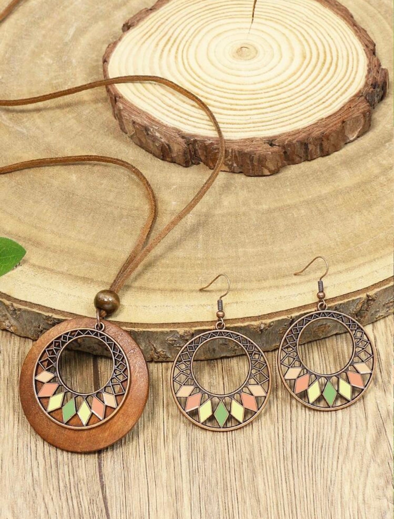 3pc Antique Copper Boho Necklace & Earrings Set – Wooden Rhombus Pendant Jewellery for Daily Wear & Events
