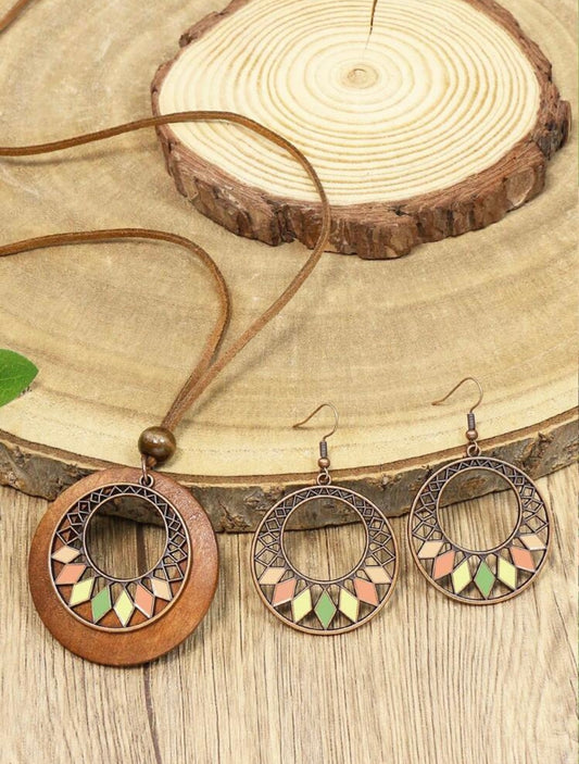 3pc Antique Copper Boho Necklace & Earrings Set – Wooden Rhombus Pendant Jewellery for Daily Wear & Events