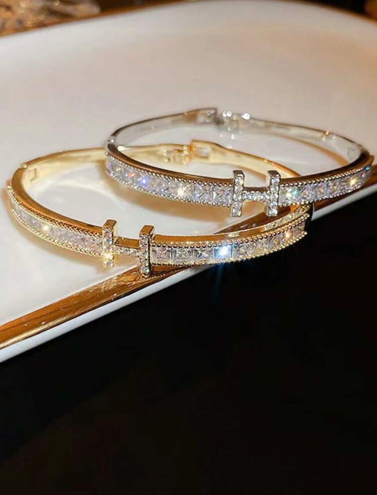 Sparkling Stainless Steel Cubic Zirconia Bracelet Set – Elegant, H Bracelet Inspired by Hermes - Gold